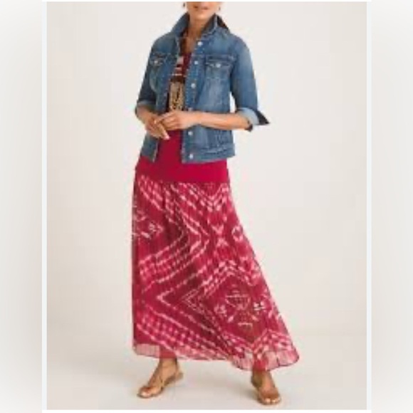 CHICO'S Tie Dye elastic waist cherry red pleated women's Maxi Skirt Size M Hippy - Picture 1 of 12